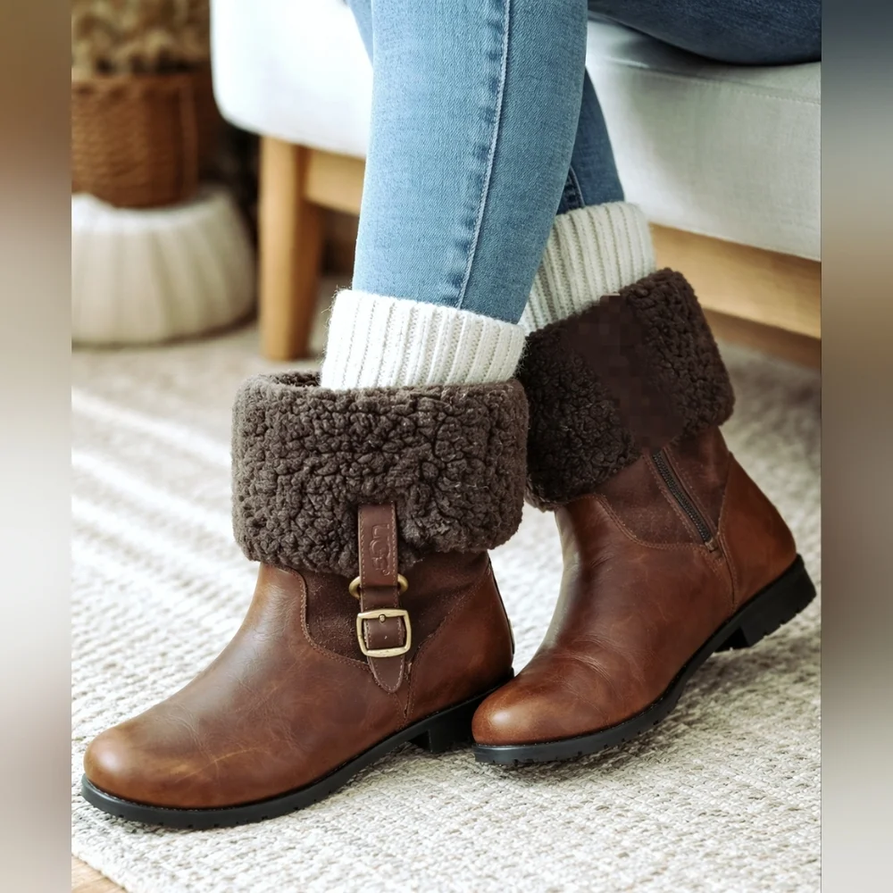 UGG Women's Brown LEATHER Bellvue Ankle Tall SHEARLING Cuff BOOTS shoes Size 8.5 - Picture 7 of 14